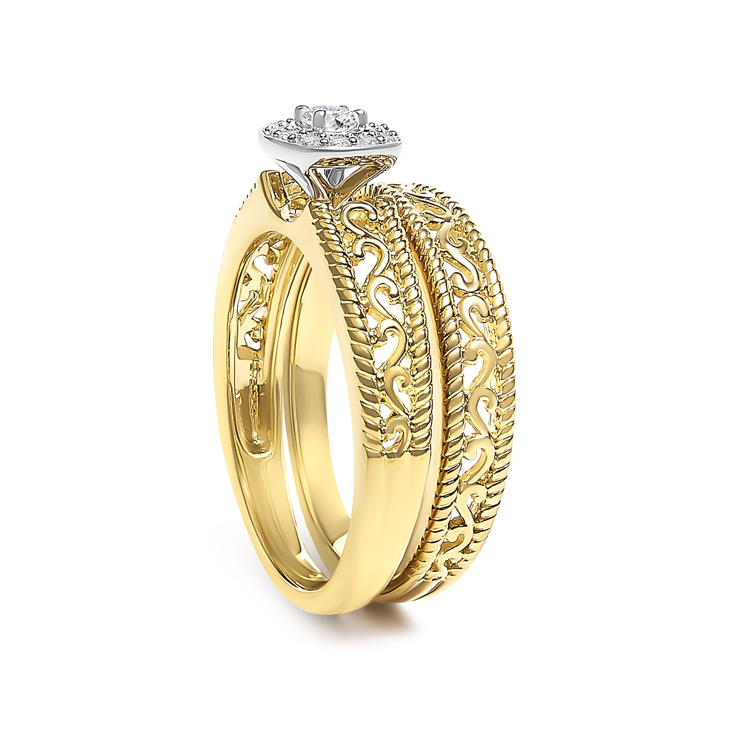 14K Yellow Gold Plated .925 Sterling Silver 1/5 Cttw Diamond Halo and Milgrain Finish Engagement Ring Bridal Set (I-J Color I3 Clarity) - Size 12