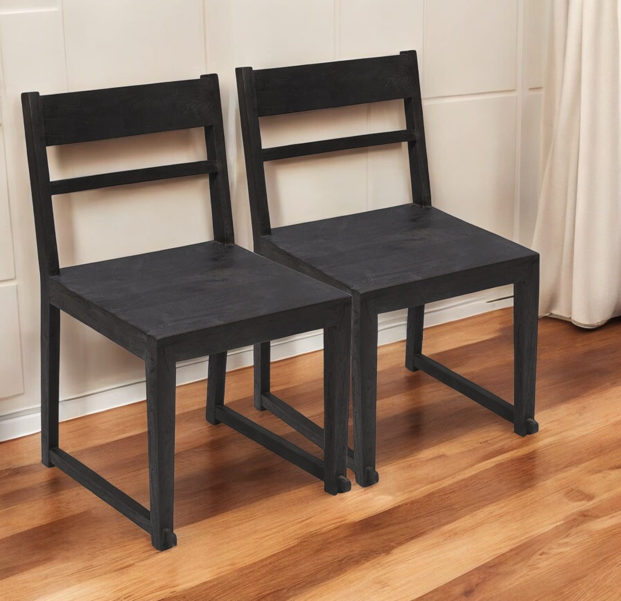 Set of Two Dark Gray Wood Ladder Back Dining Side Chairs
