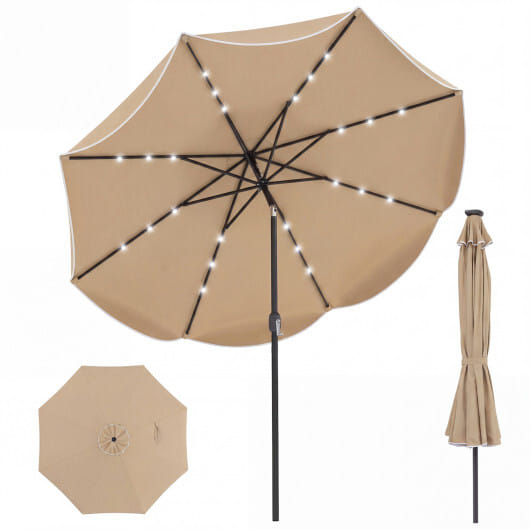 10 FT Scalloped Solar Patio Umbrella with 24 LED Lights and Tilt Adjustment-Tan - Color: Tan - Size: 10 ft