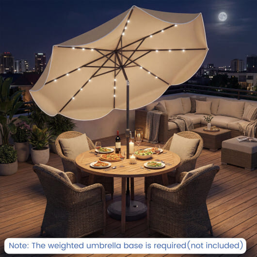 10 FT Scalloped Solar Patio Umbrella with 24 LED Lights and Tilt Adjustment-Tan - Color: Tan - Size: 10 ft