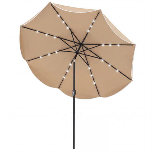 10 FT Scalloped Solar Patio Umbrella with 24 LED Lights and Tilt Adjustment-Tan - Color: Tan - Size: 10 ft