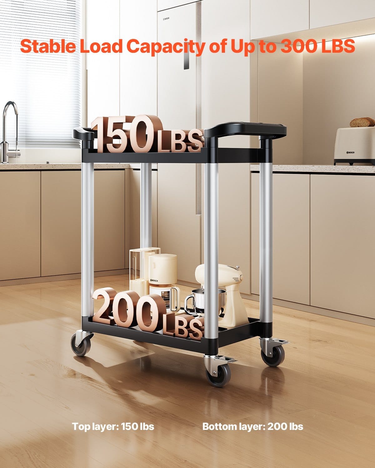 Utility Cart, 300 lbs Load Capacity, 2-tier Utility Plastic Cart with 360?° Swivel Wheels (2 with Brakes), 24.4 x 16.1-inch Food Service Cart for Warehouse, Office, Home, Restaurant, Kitchen