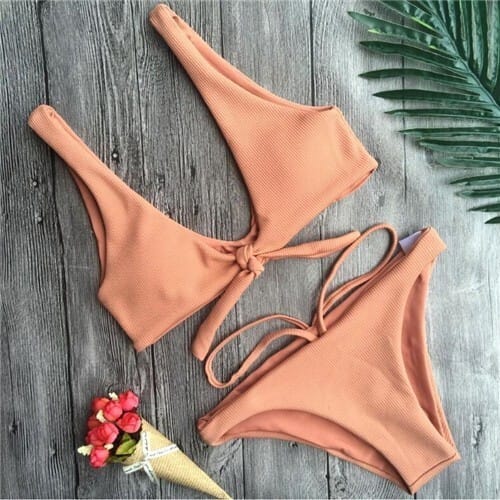 Corduroy Texture Tied-up Style High Fashion Swimwear - Coffee