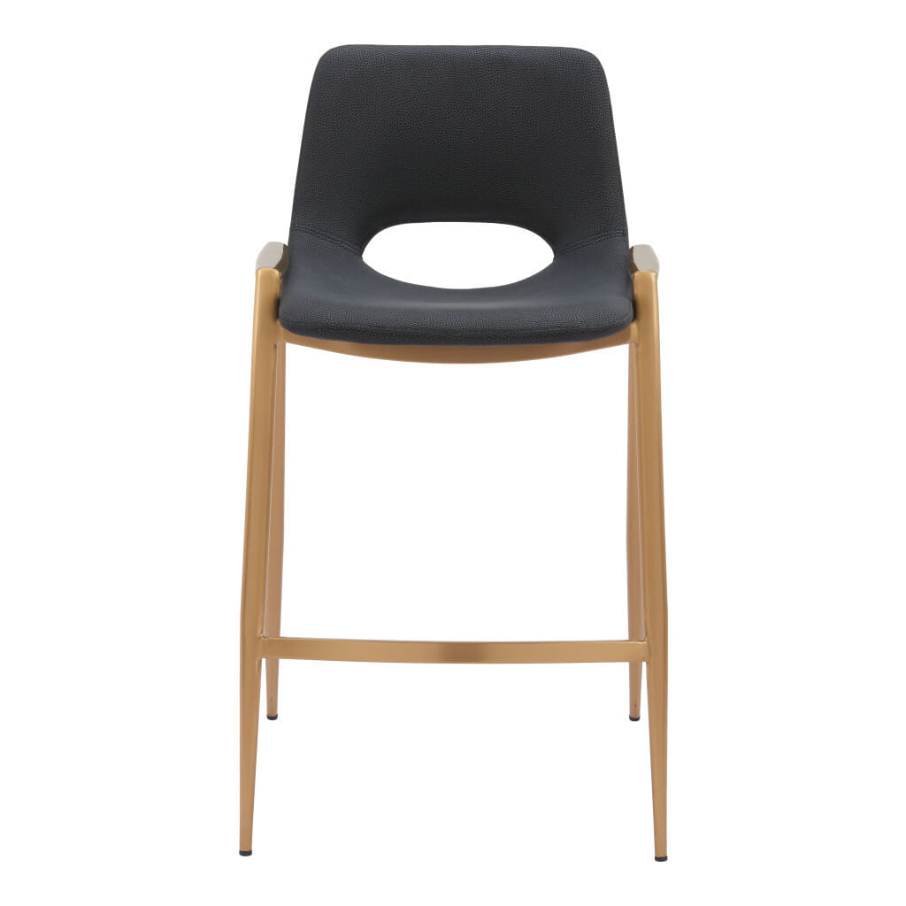 Set of Two 26" Black And Gold Faux Leather And Steel Low Back Counter Height Bar Chairs