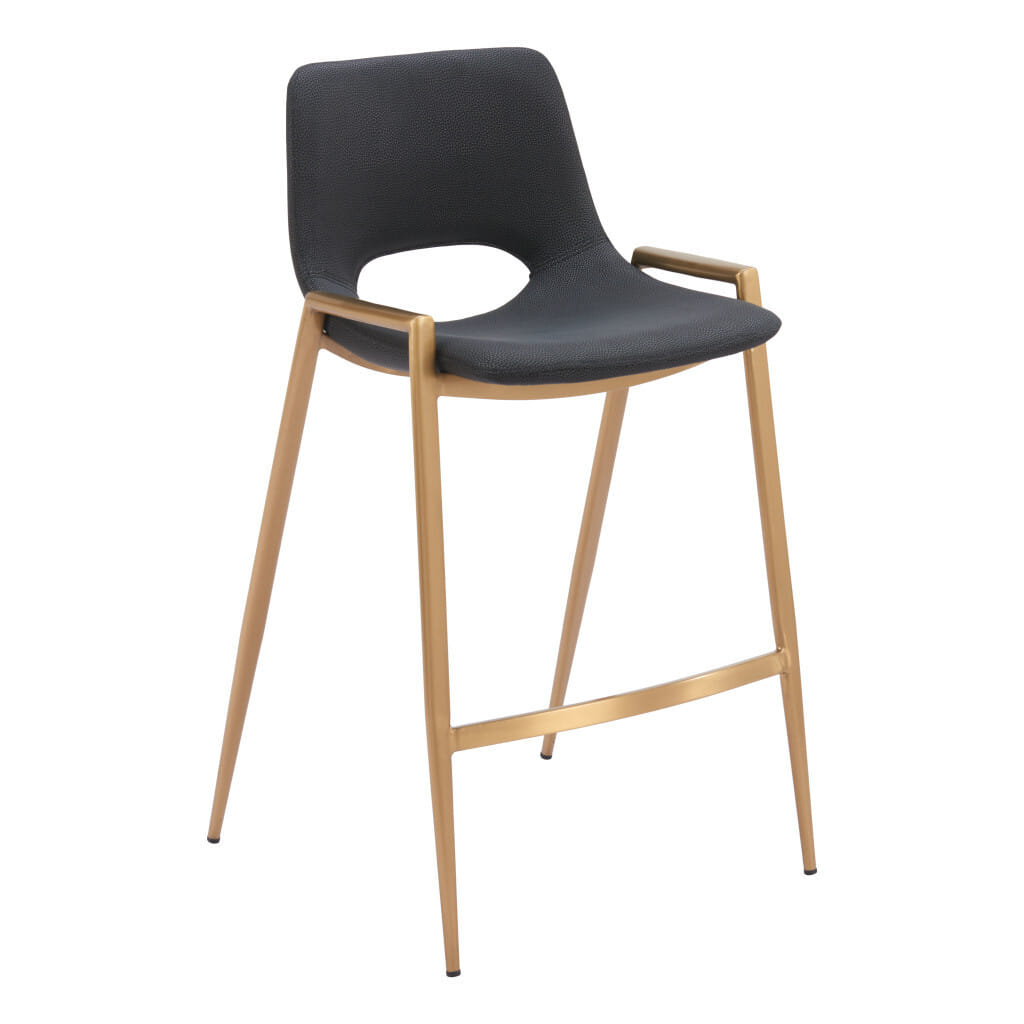Set of Two 26" Black And Gold Faux Leather And Steel Low Back Counter Height Bar Chairs