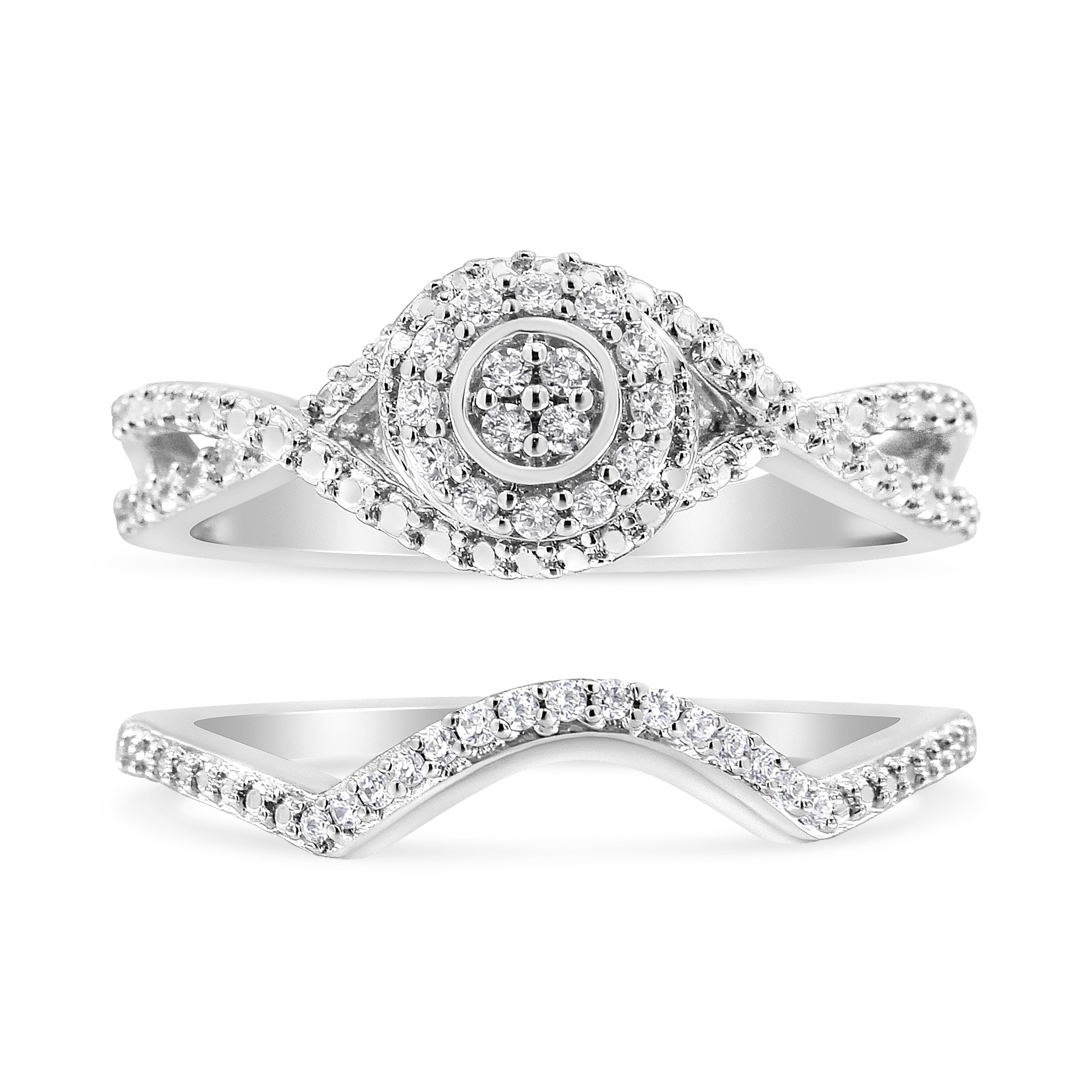 .925 Sterling Silver 1/6 Cttw Diamond Composite Halo and Split Shank Bridal Set Ring and Band  (I-J Color, I3 Clarity) - Size 12