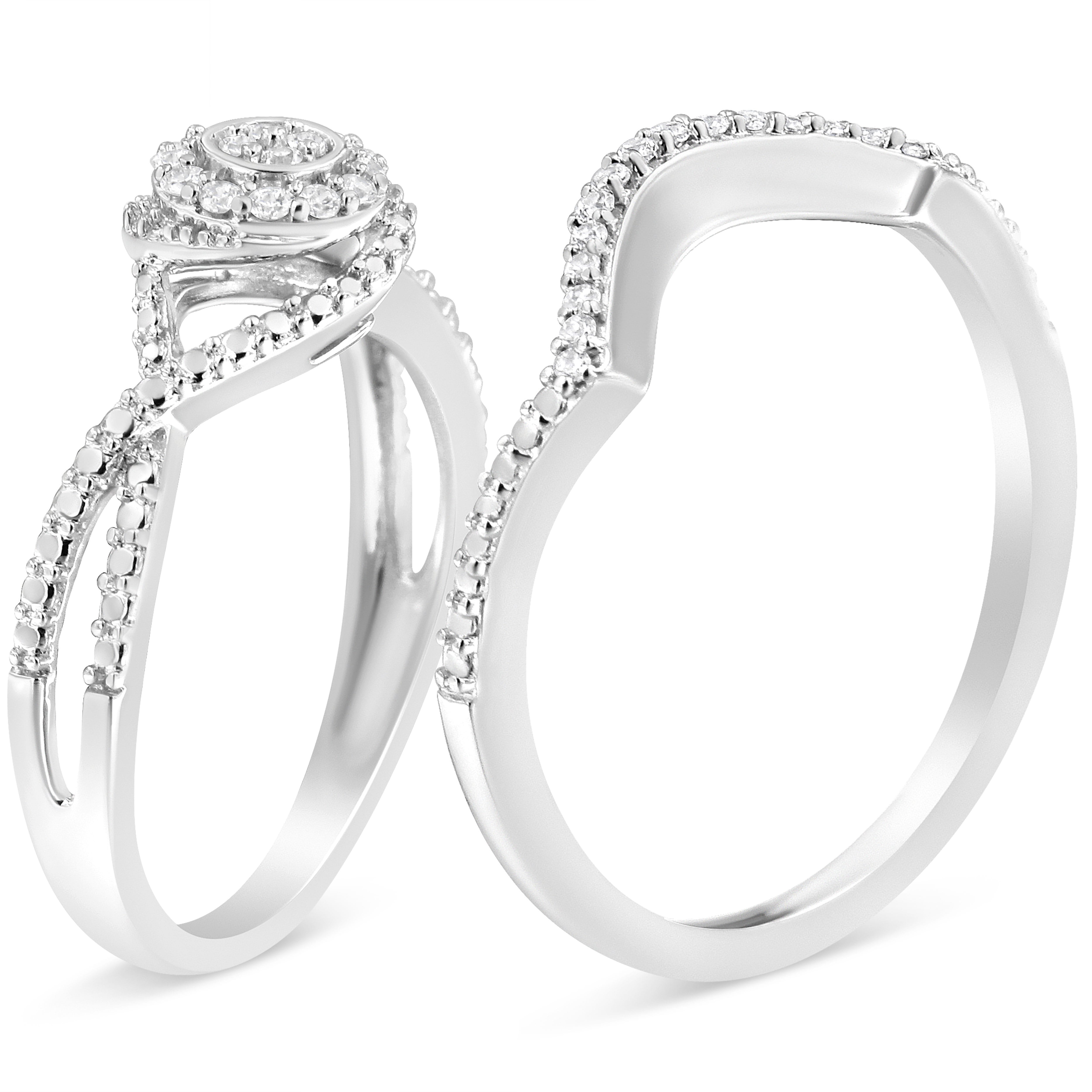 .925 Sterling Silver 1/6 Cttw Diamond Composite Halo and Split Shank Bridal Set Ring and Band  (I-J Color, I3 Clarity) - Size 12