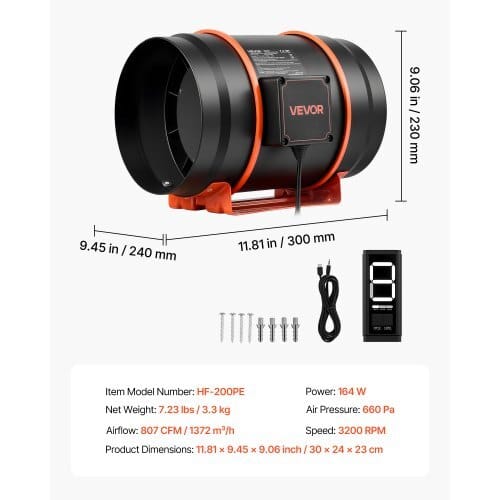 Inline Duct Fan, 807 CFM 8 inch EC Motor Ventilation Fan with 3-Speed Circulation, 10-Speed PWM Controller, Timer-Controlled Operation, Cooling for Grow Tents, Indoor Gardening, Hydroponics