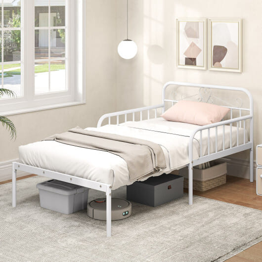 Extendable Metal Daybed to Twin Size Bed with Guardrails and Armrests-White - Color: White