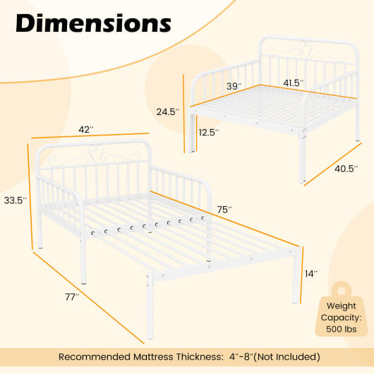 Extendable Metal Daybed to Twin Size Bed with Guardrails and Armrests-White - Color: White
