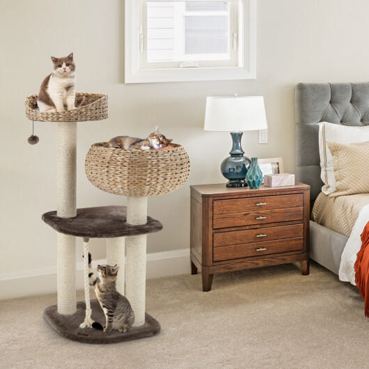41 Inch Rattan Cat Tree with Napping Perch-Brown - Color: Brown