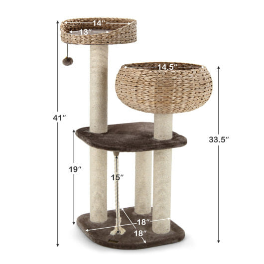 41 Inch Rattan Cat Tree with Napping Perch-Brown - Color: Brown