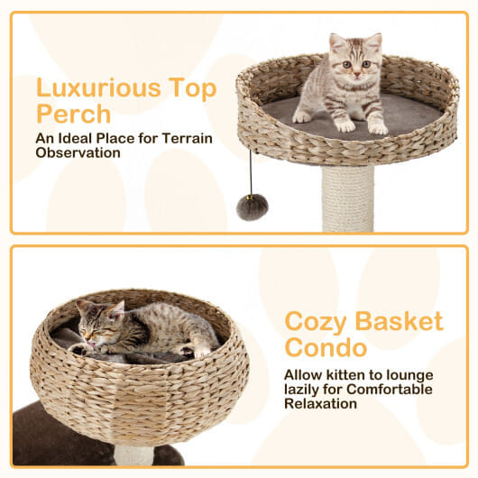 41 Inch Rattan Cat Tree with Napping Perch-Brown - Color: Brown