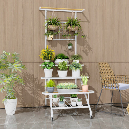 4-Tier Hanging Plant Stand with Hanging Bar - Color: White