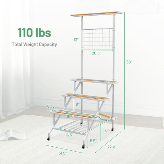 4-Tier Hanging Plant Stand with Hanging Bar - Color: White