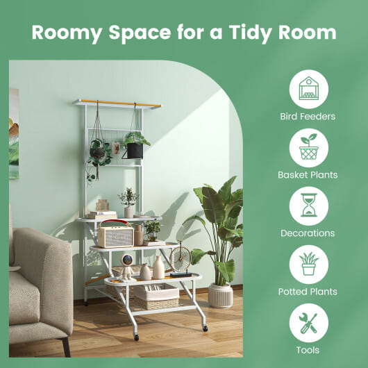 4-Tier Hanging Plant Stand with Hanging Bar - Color: White
