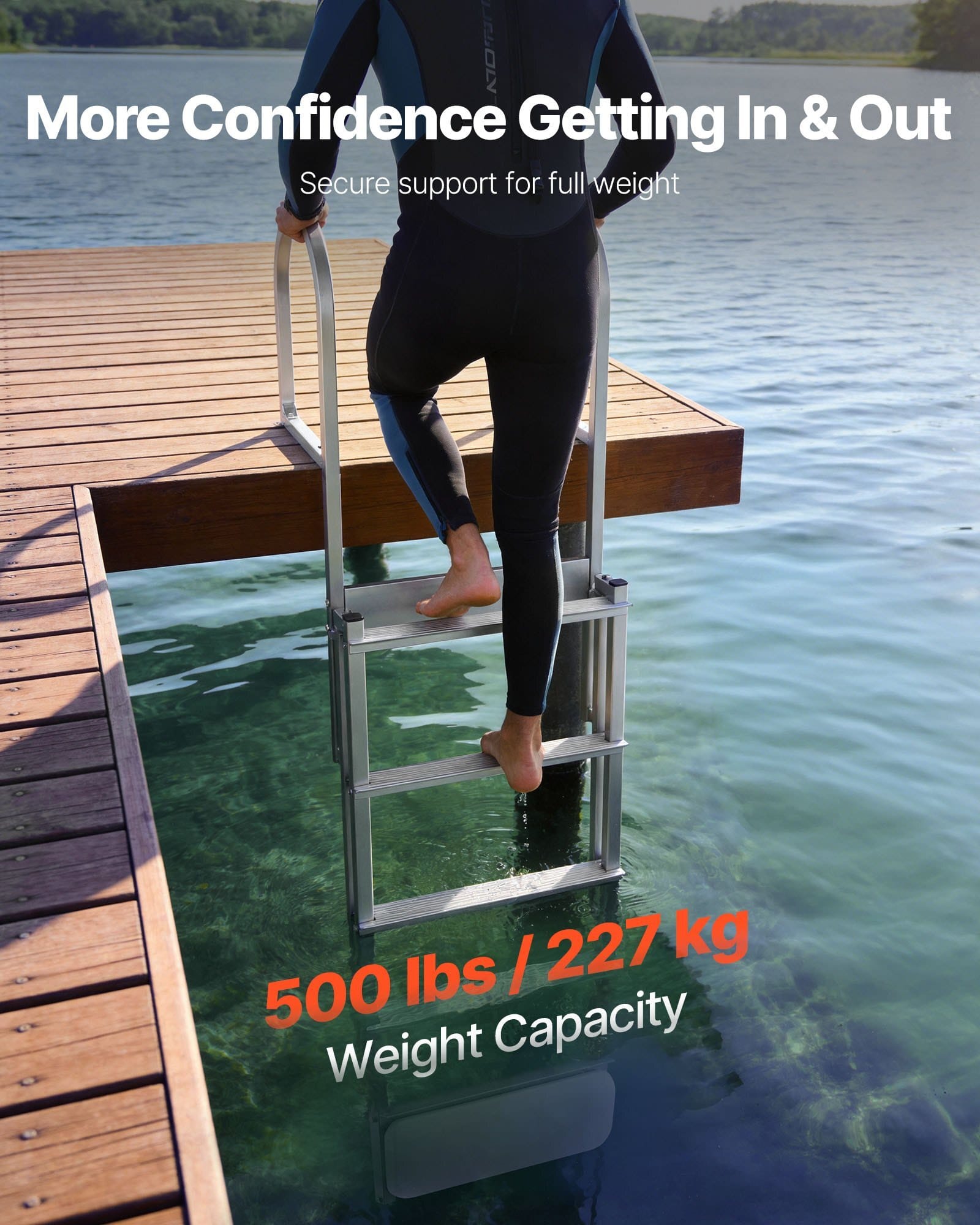 Retractable Dock Ladder, 5 Steps, Aluminum Alloy Pontoon Boat Swim Ladder with Auto-Lift Float, Non-Slip Wide Steps, 500 lbs Weight Capacity, Adjustable Height, for Lake Pool Marine Boarding