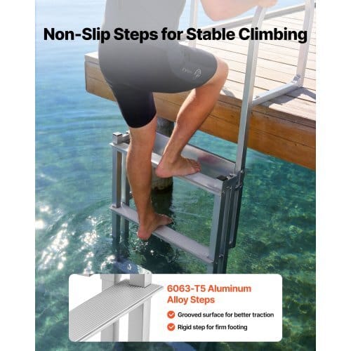 Retractable Dock Ladder, 5 Steps, Aluminum Alloy Pontoon Boat Swim Ladder with Auto-Lift Float, Non-Slip Wide Steps, 500 lbs Weight Capacity, Adjustable Height, for Lake Pool Marine Boarding