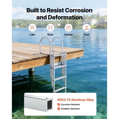 Retractable Dock Ladder, 5 Steps, Aluminum Alloy Pontoon Boat Swim Ladder with Auto-Lift Float, Non-Slip Wide Steps, 500 lbs Weight Capacity, Adjustable Height, for Lake Pool Marine Boarding