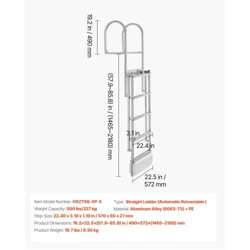 Retractable Dock Ladder, 5 Steps, Aluminum Alloy Pontoon Boat Swim Ladder with Auto-Lift Float, Non-Slip Wide Steps, 500 lbs Weight Capacity, Adjustable Height, for Lake Pool Marine Boarding
