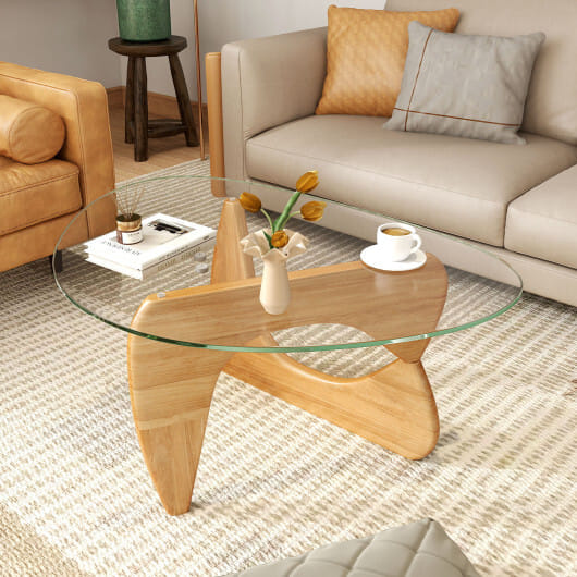 Triangle Coffee Table with Tempered Glass Top and Adjustable Rubber Wood Base-Natural - Color: Natural