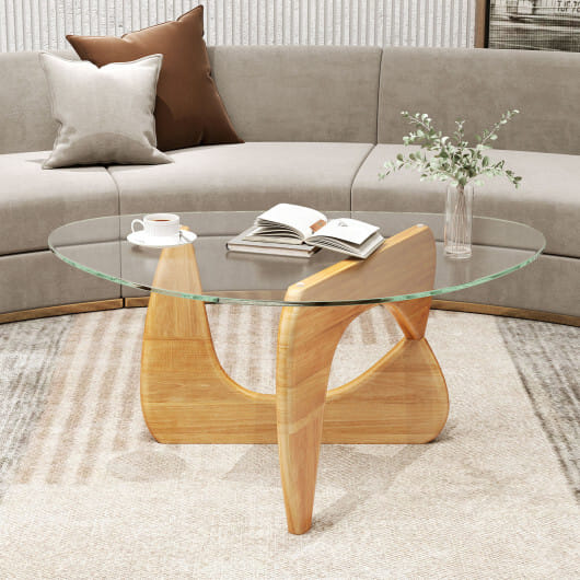 Triangle Coffee Table with Tempered Glass Top and Adjustable Rubber Wood Base-Natural - Color: Natural