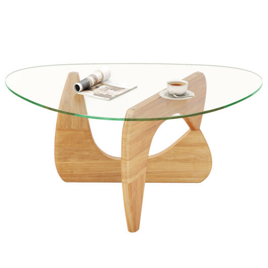Triangle Coffee Table with Tempered Glass Top and Adjustable Rubber Wood Base-Natural - Color: Natural