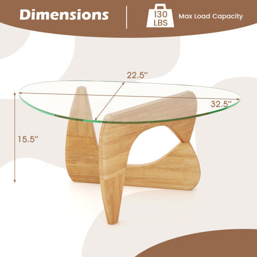 Triangle Coffee Table with Tempered Glass Top and Adjustable Rubber Wood Base-Natural - Color: Natural