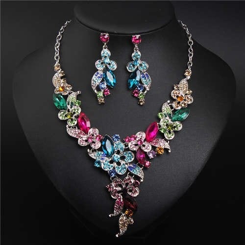 Gorgeous Shining Glass Women Evening Dress Floral Pattern Necklace and Earrings Set - Multicolor