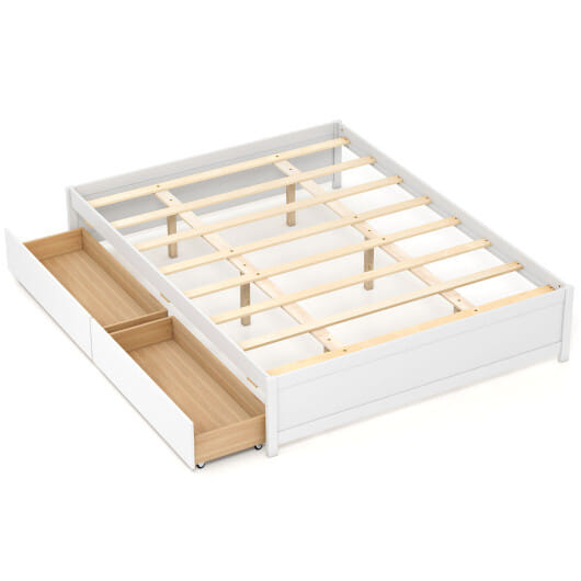 Queen Size Bed Frame with 2 Rolling Storage Drawers-White - Color: White - Size: Queen Size