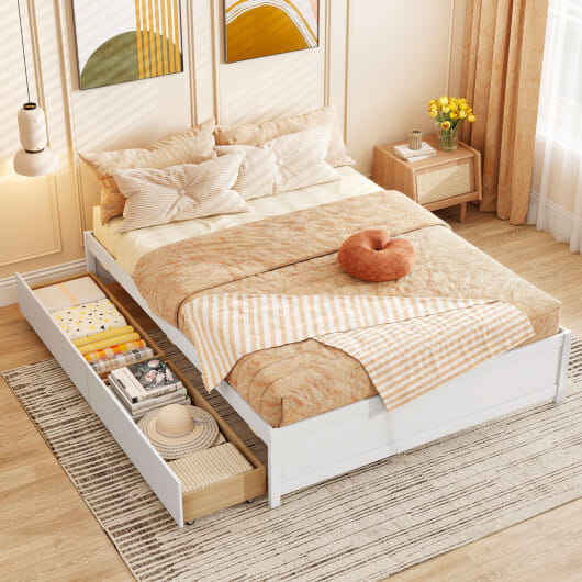 Queen Size Bed Frame with 2 Rolling Storage Drawers-White - Color: White - Size: Queen Size