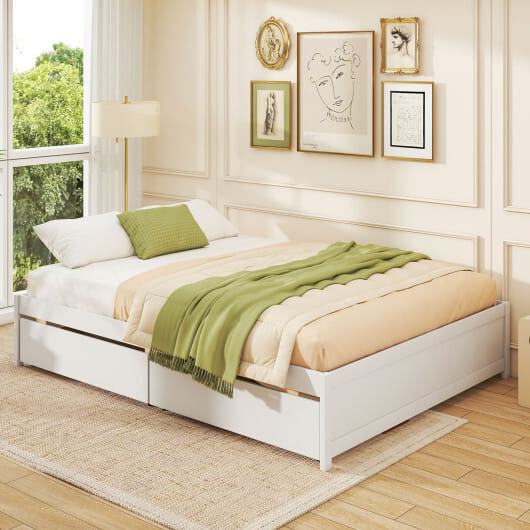 Queen Size Bed Frame with 2 Rolling Storage Drawers-White - Color: White - Size: Queen Size