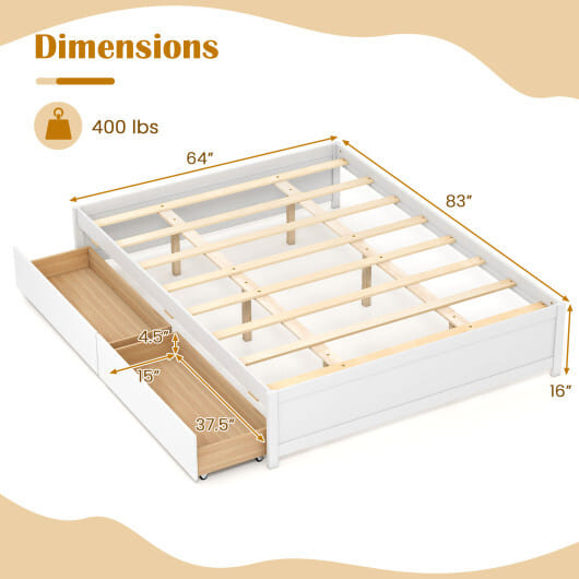 Queen Size Bed Frame with 2 Rolling Storage Drawers-White - Color: White - Size: Queen Size