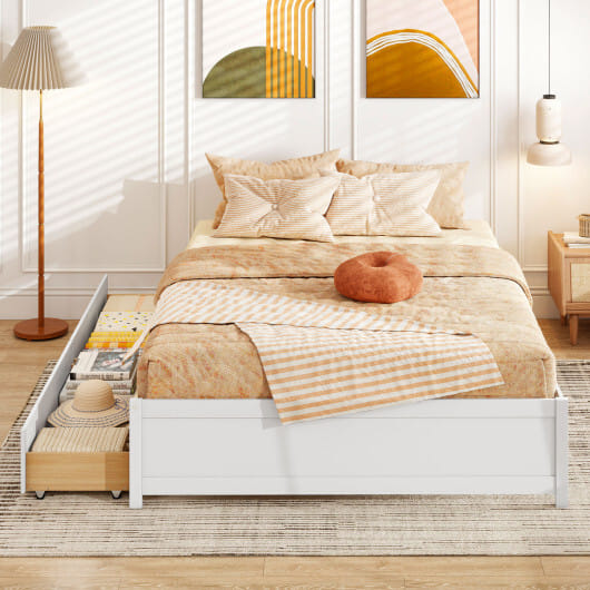 Queen Size Bed Frame with 2 Rolling Storage Drawers-White - Color: White - Size: Queen Size