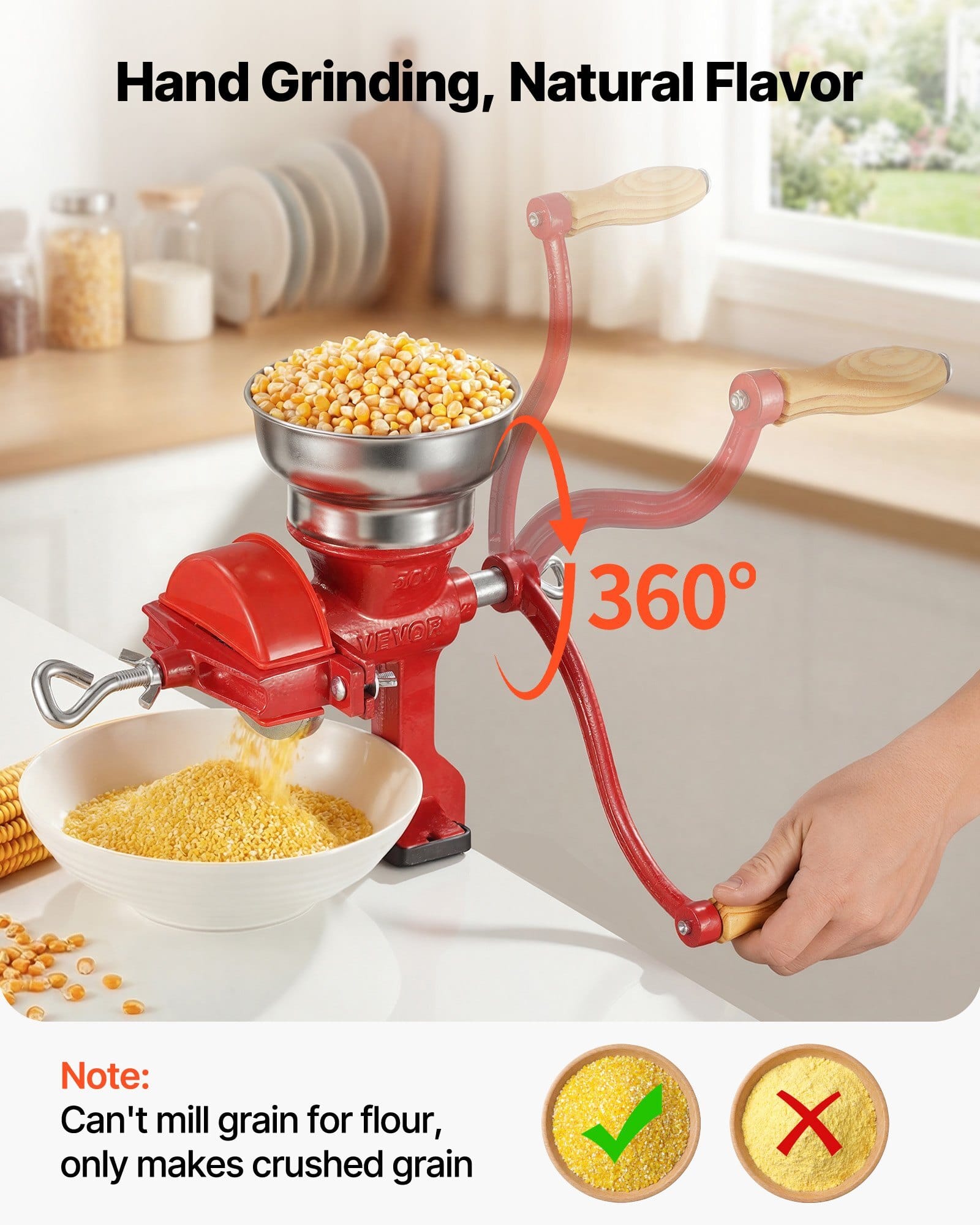 Manual Grain Mill with Low Hopper, Hand-Crank Corn Grinder, Heavy Duty Cast Iron Wheat Grinding Mill with Stable Table Clamp & Dust Cover for Grains Spices Coffee Beans Nuts