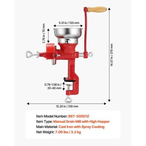 Manual Grain Mill with Low Hopper, Hand-Crank Corn Grinder, Heavy Duty Cast Iron Wheat Grinding Mill with Stable Table Clamp & Dust Cover for Grains Spices Coffee Beans Nuts