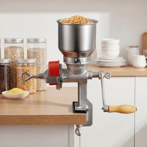 Manual Grain Mill with Low Hopper, Hand-Crank Corn Grinder, Heavy Duty Cast Iron Wheat Grinding Mill with Stable Table Clamp & Dust Cover for Grains Spices Coffee Beans Nuts