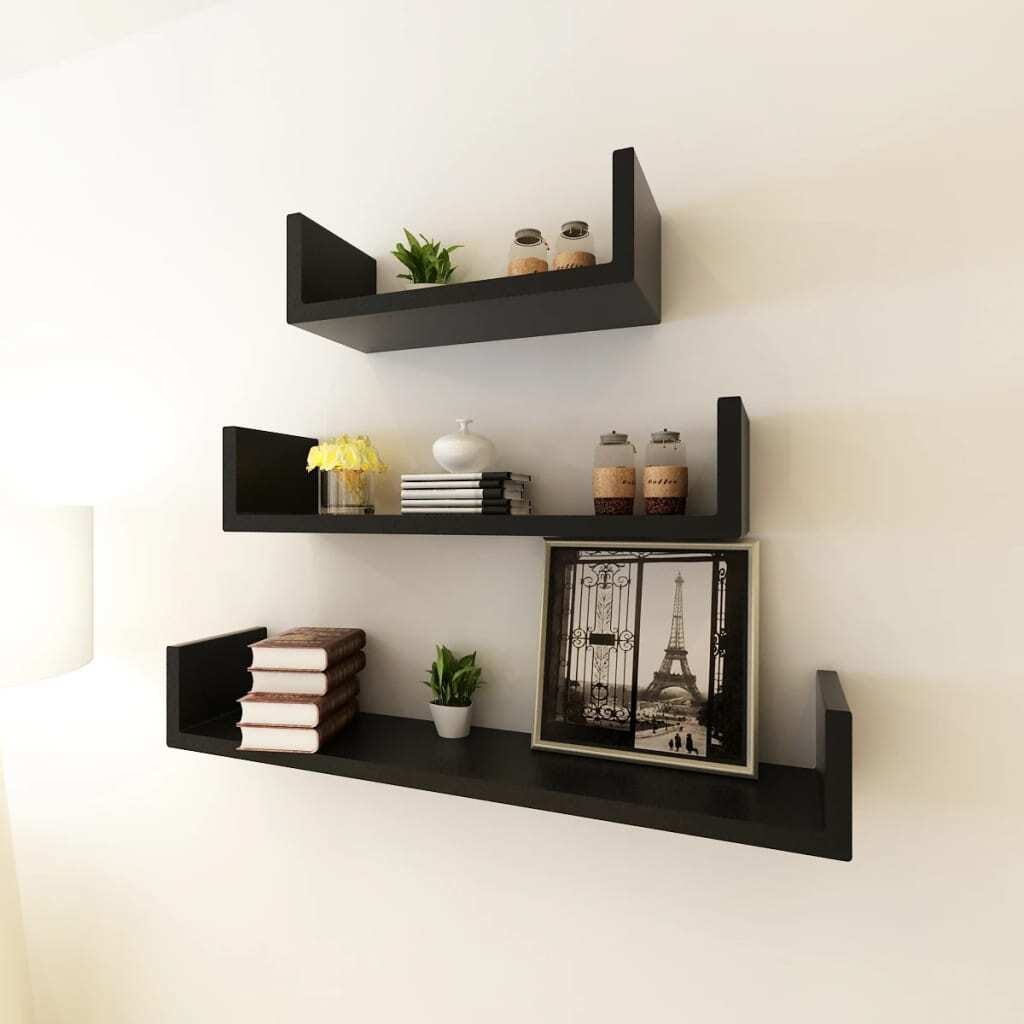 3 Black MDF U-Shaped Floating Wall Display Shelves Book/DVD Storage