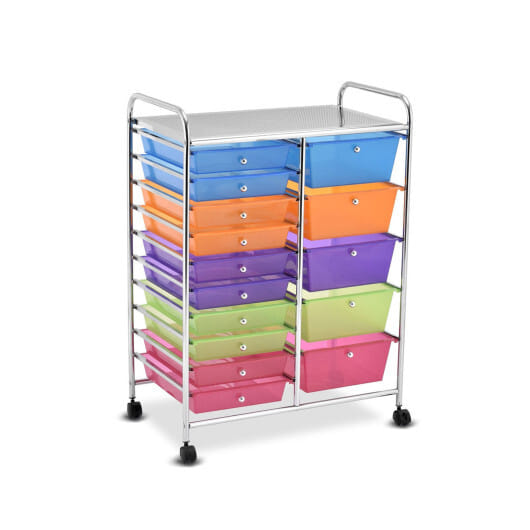 Costway 15 Drawer Rolling Storage Cart Tools Scrapbook Paper Office School Organizer Colorful - Color: Transparent Multicolor