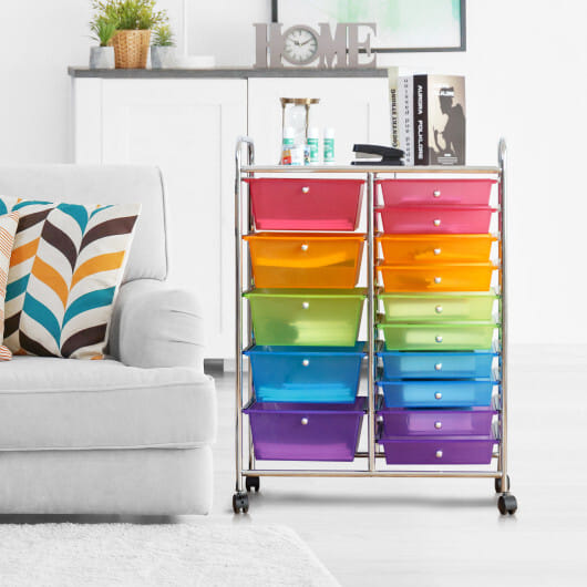 Costway 15 Drawer Rolling Storage Cart Tools Scrapbook Paper Office School Organizer Colorful - Color: Transparent Multicolor