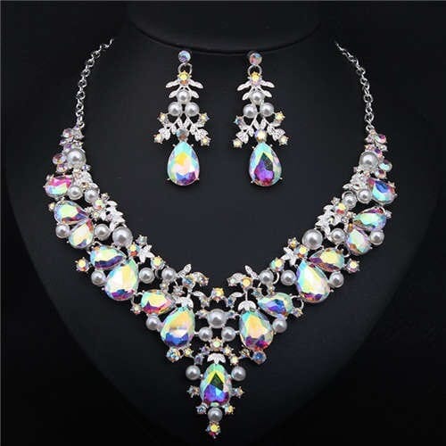 Bold Fashion Rhinestone and Pearl Water Drop Design Prom Necklace and Earrings Set - Luminous White