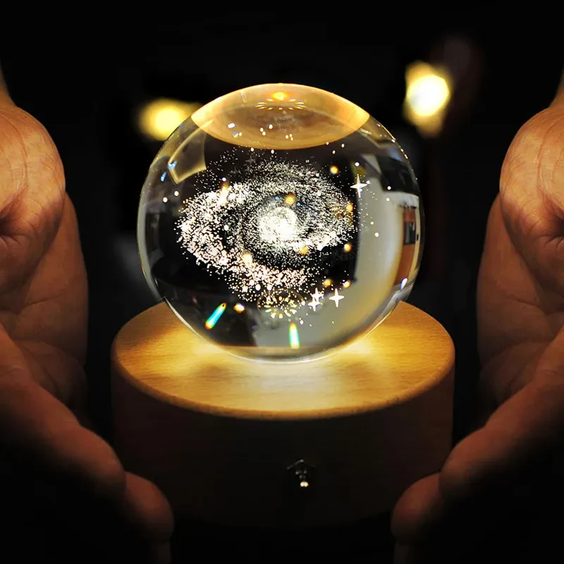 Rotary Crystal Ball Wooden Luminous Music Box Galaxy Projector LED Lights