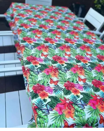 White Tablecloth with Tropical Flowers