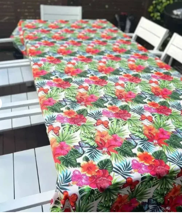 Beige Tablecloth with Tropical Flowers