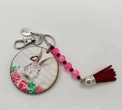 Handbag Tag / Keyring - White Bunny with Roses