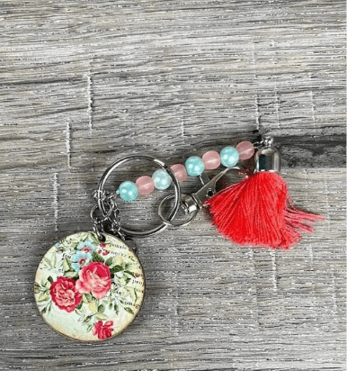 Key Tag - Wooden Circle with Red Roses