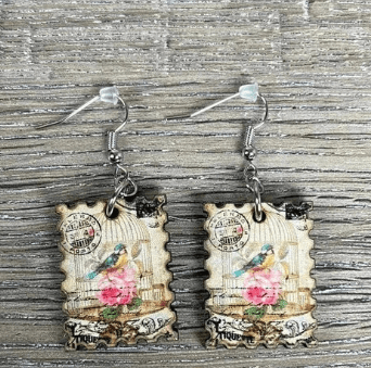 Hanging Earrings - Postage Stamp with Bird In A Cage