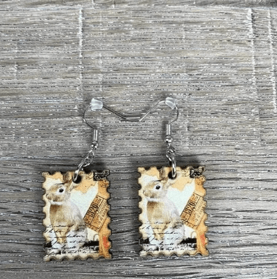 Hanging Earrings - Postage Stamp with Rabbit