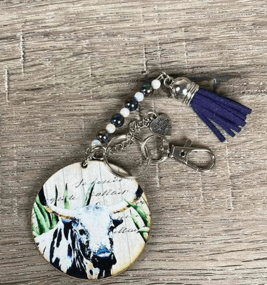 Key Tag - Wooden Circle with White and Black Cow
