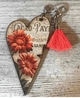 Key Tag - Wooden Heart With Orange Flowers